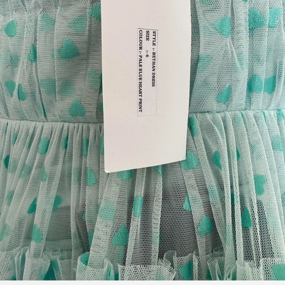 Lace & Beads Bethan tiered mint mesh mini dress with foil heart print. - Picture 6 of 7